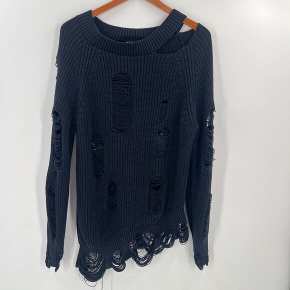 DARKER WAVS XS Distress Ripped Knit Sweater Asymmetrical Slash Neck Goth Grunge - Picture 1 of 10